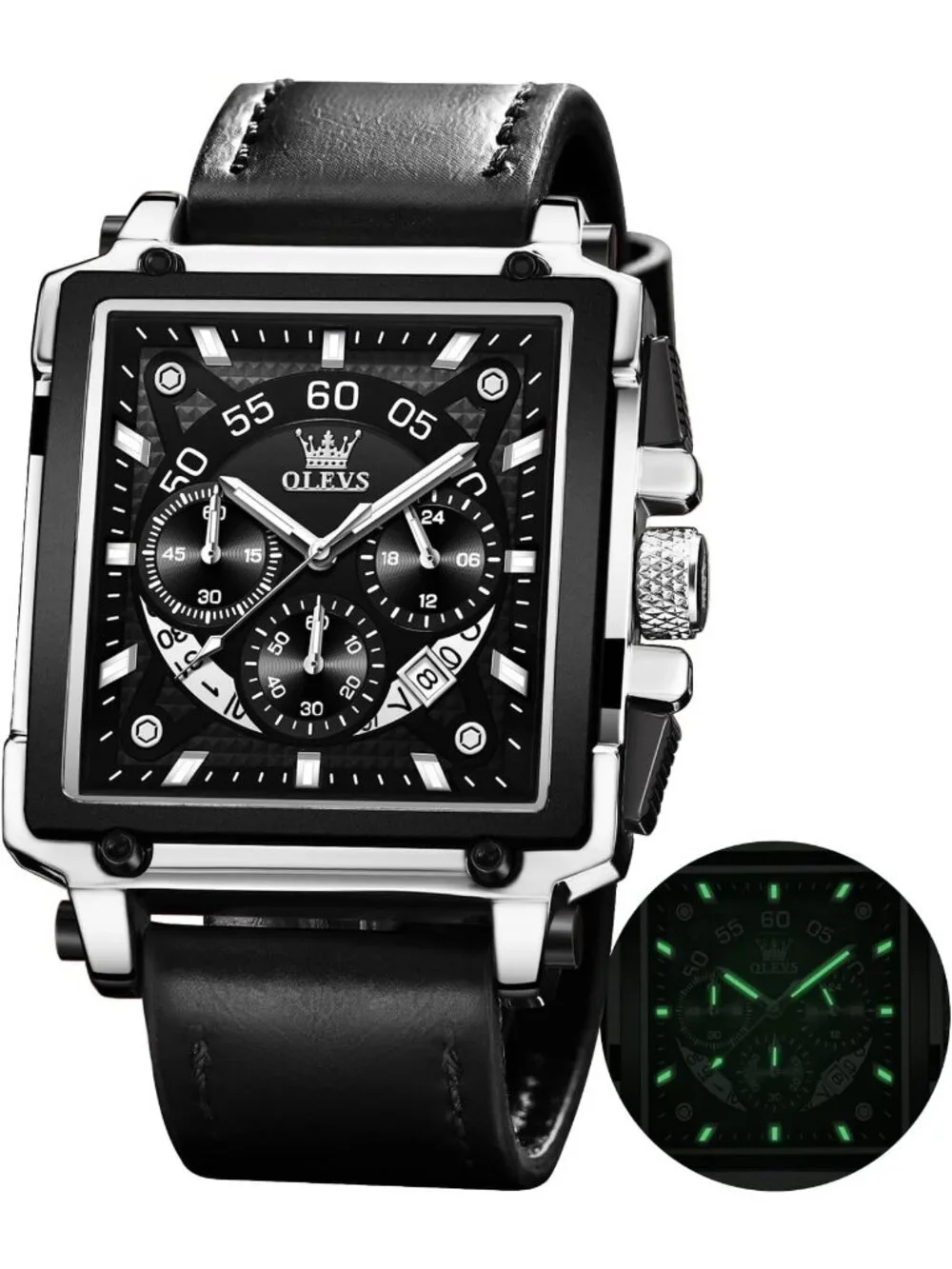 Men's Silver Black Quartz Leather Strap Waterproof Trendy Square Dial Wristwatch